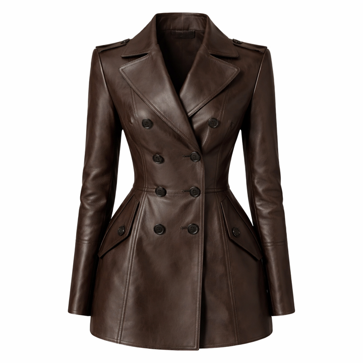 Lautaro – Blazer Giacca Donna in Pelle PU Color Caffè con Gonna Integrata, Doppiopetto e Maniche Lunghe