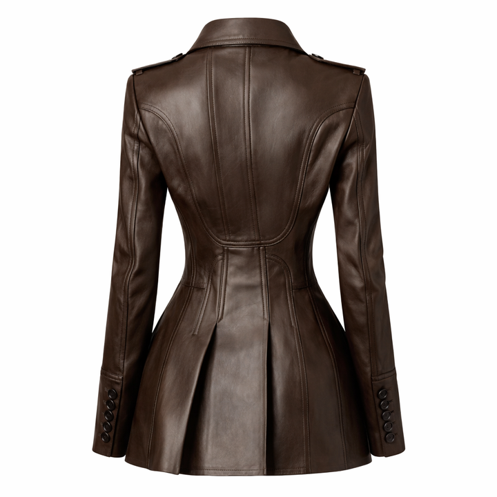 Lautaro – Blazer Giacca Donna in Pelle PU Color Caffè con Gonna Integrata, Doppiopetto e Maniche Lunghe