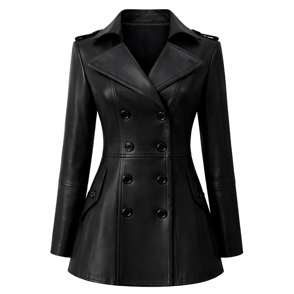 Lautaro – Blazer Giacca Donna in Pelle PU Color Caffè con Gonna Integrata, Doppiopetto e Maniche Lunghe