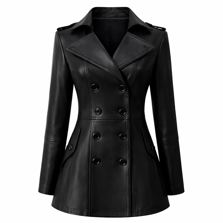 Lautaro – Blazer Giacca Donna in Pelle PU Color Caffè con Gonna Integrata, Doppiopetto e Maniche Lunghe