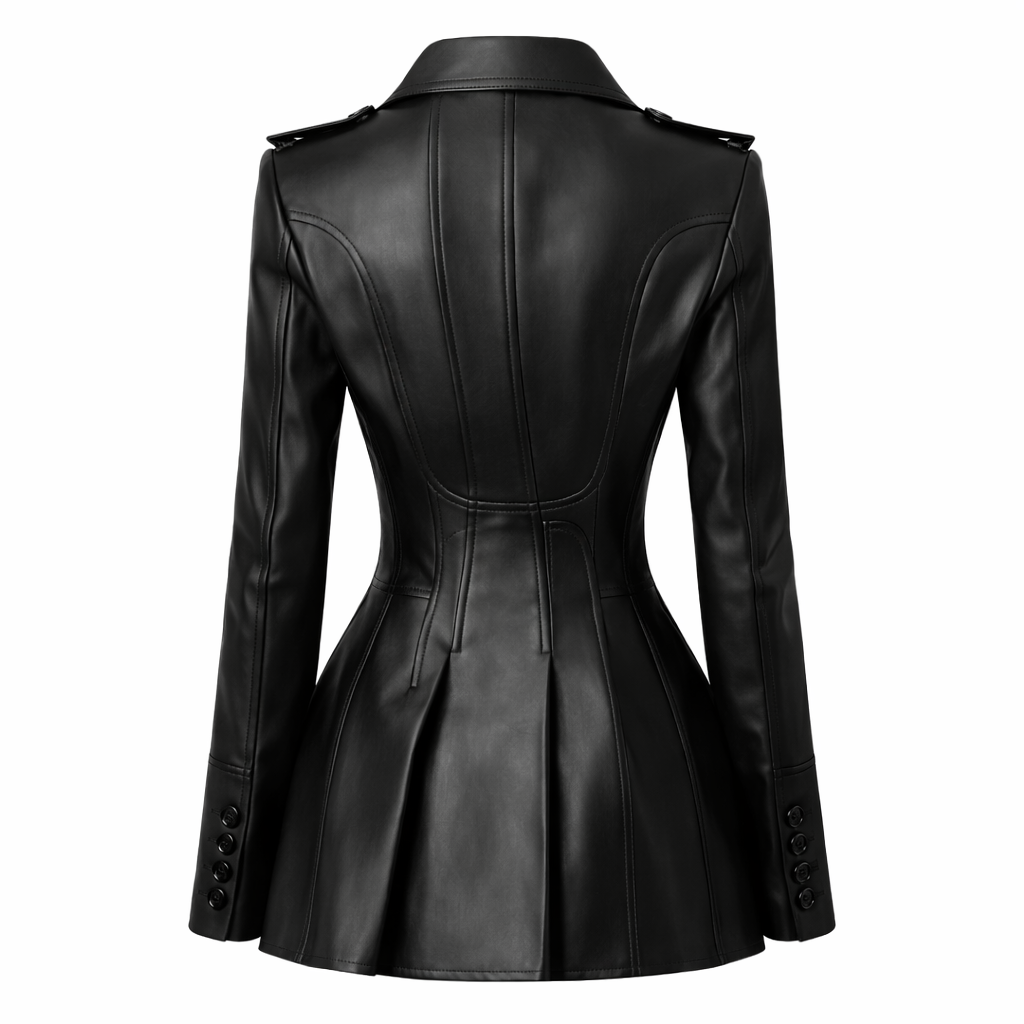 Lautaro – Blazer Giacca Donna in Pelle PU Color Caffè con Gonna Integrata, Doppiopetto e Maniche Lunghe