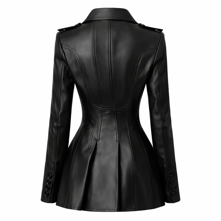 Lautaro – Blazer Giacca Donna in Pelle PU Color Caffè con Gonna Integrata, Doppiopetto e Maniche Lunghe